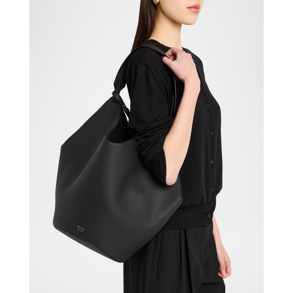 Khaite Lotus Black Pebbled Calfskin Leather Shoulder Tote Bag (Size Medium)